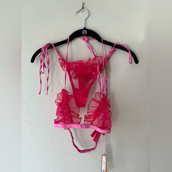 SKIMS EMBROIDERED TULLE TIE BRALETTE AND THONG SET IN PUNCH S - Picture 6 of 11